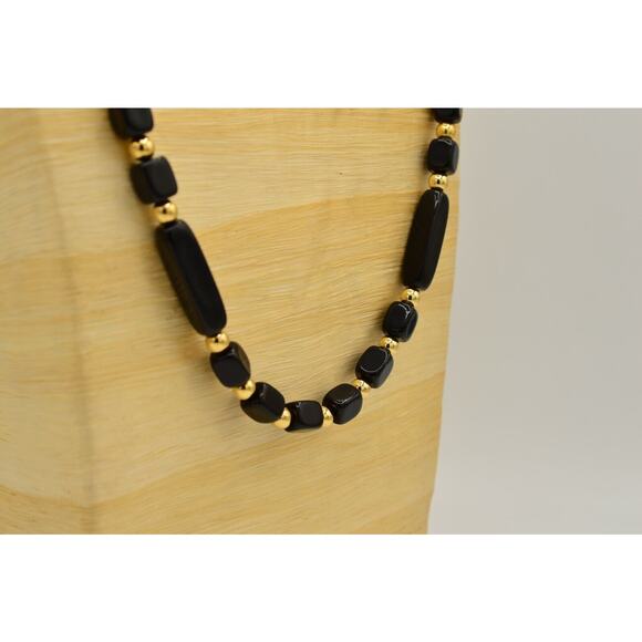 Trifari Black Beaded Necklace Statement Gold Geometric 32" Vintage Signed BinR - Picture 5 of 10